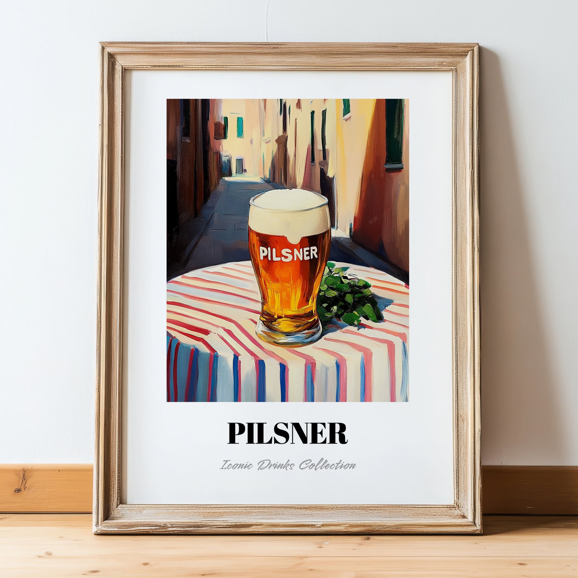 Pilsner – Czech Café on the Corner, Czech Beer Art, in wooden frame leaning on the floor