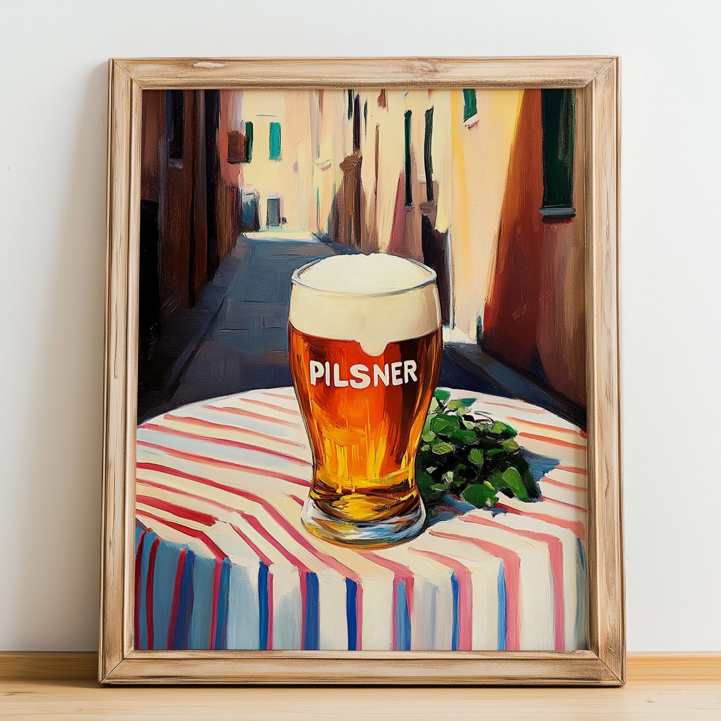 Pilsner – Czech Café on the Corner, Czech Beer Art, no-text version framed in wood