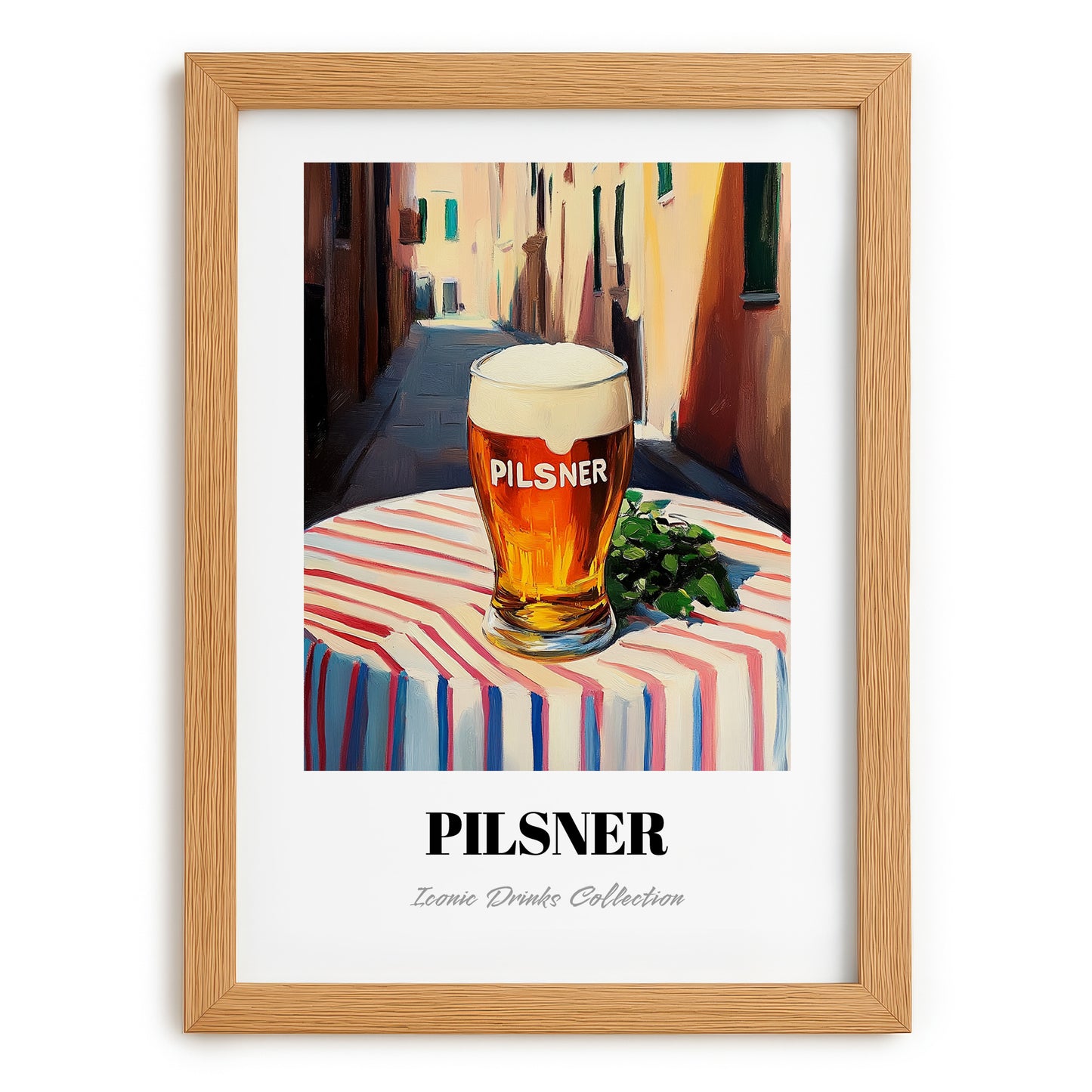 Pilsner – Czech Café on the Corner, Czech Beer Art, set in oak frame