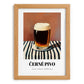 Černé Pivo – on Striped Tablecloth, Czech Beer Wall Art, set in oak frame
