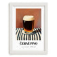 Černé Pivo – on Striped Tablecloth, Czech Beer Wall Art, placed in minimal white frame
