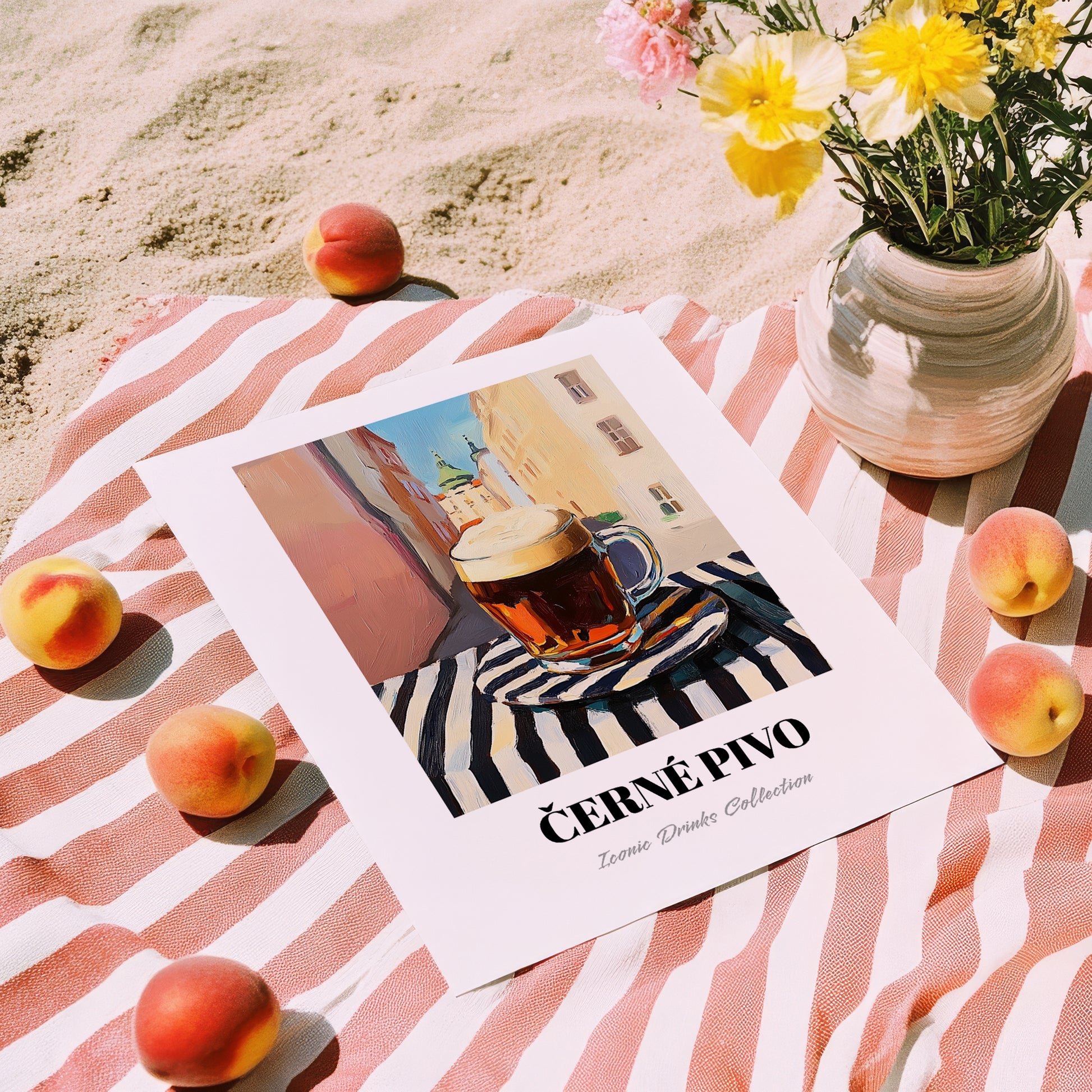 Černé Pivo – Czech Outdoor Café Scene, Czech Spirit Wall Print, unframed on coastal sand