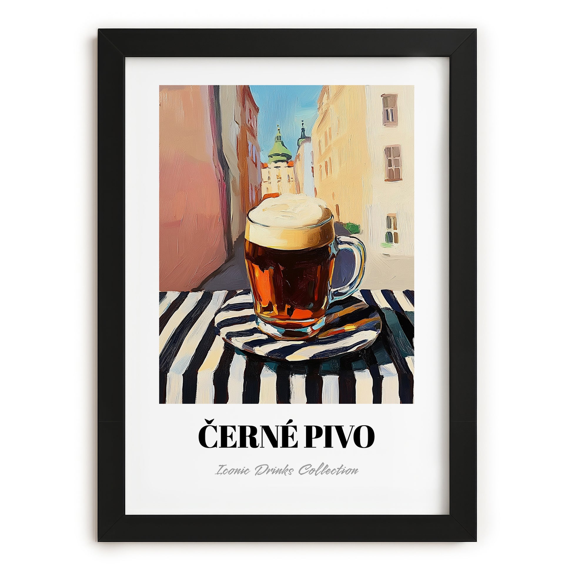 Černé Pivo – Czech Outdoor Café Scene, Czech Spirit Wall Print, in sleek black frame
