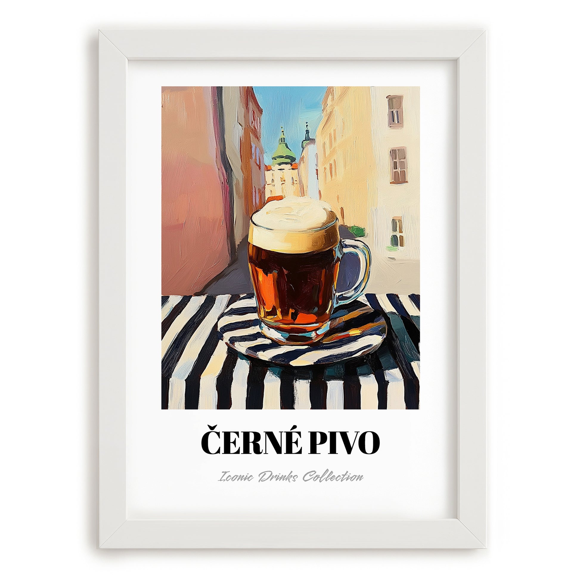 Černé Pivo – Czech Outdoor Café Scene, Czech Spirit Wall Print, placed in minimal white frame