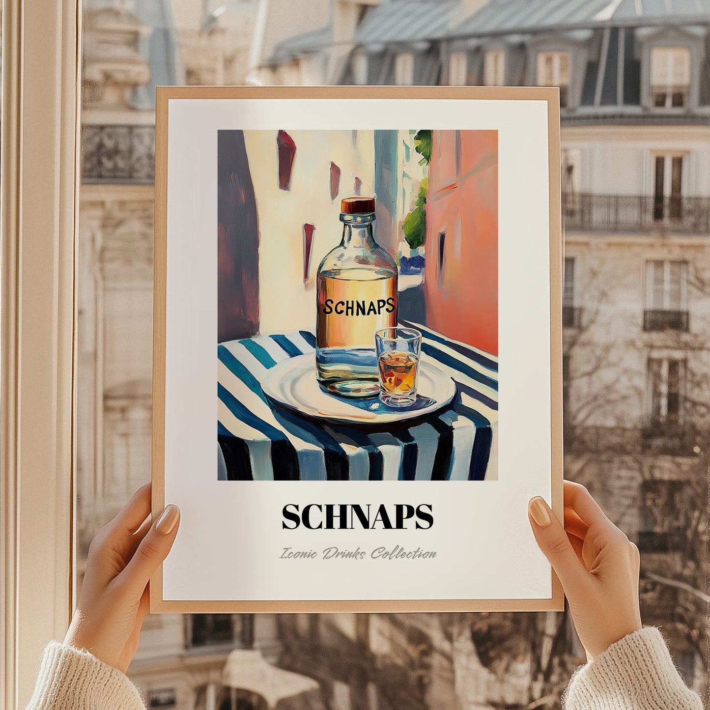 Schnaps – Austrian Outdoor Café Scene, Austrian Spirit Painting, styled in a charming Paris street view
