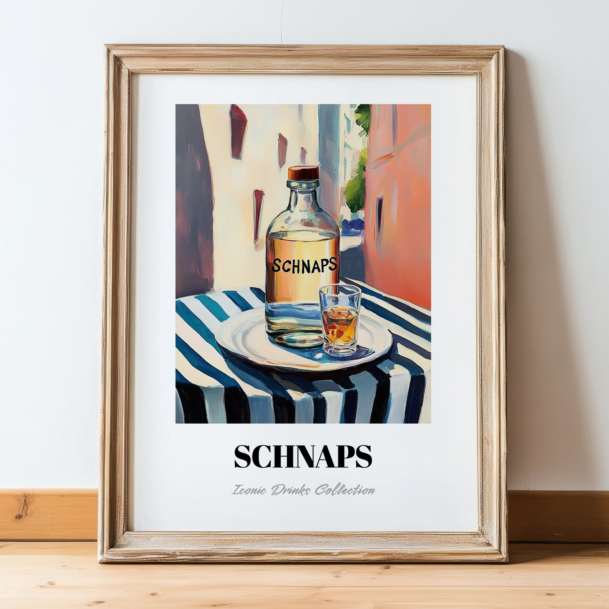 Schnaps – Austrian Outdoor Café Scene, Austrian Spirit Painting, in wooden frame leaning on the floor