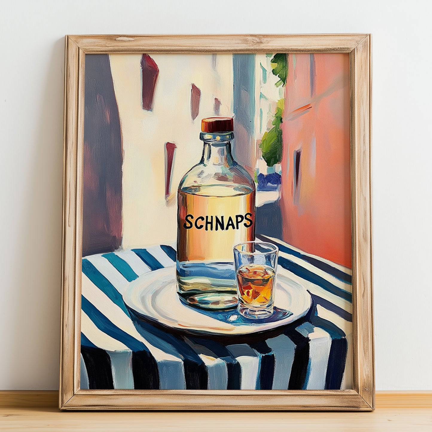 Schnaps – Austrian Outdoor Café Scene, Austrian Spirit Painting, no-text version framed in wood