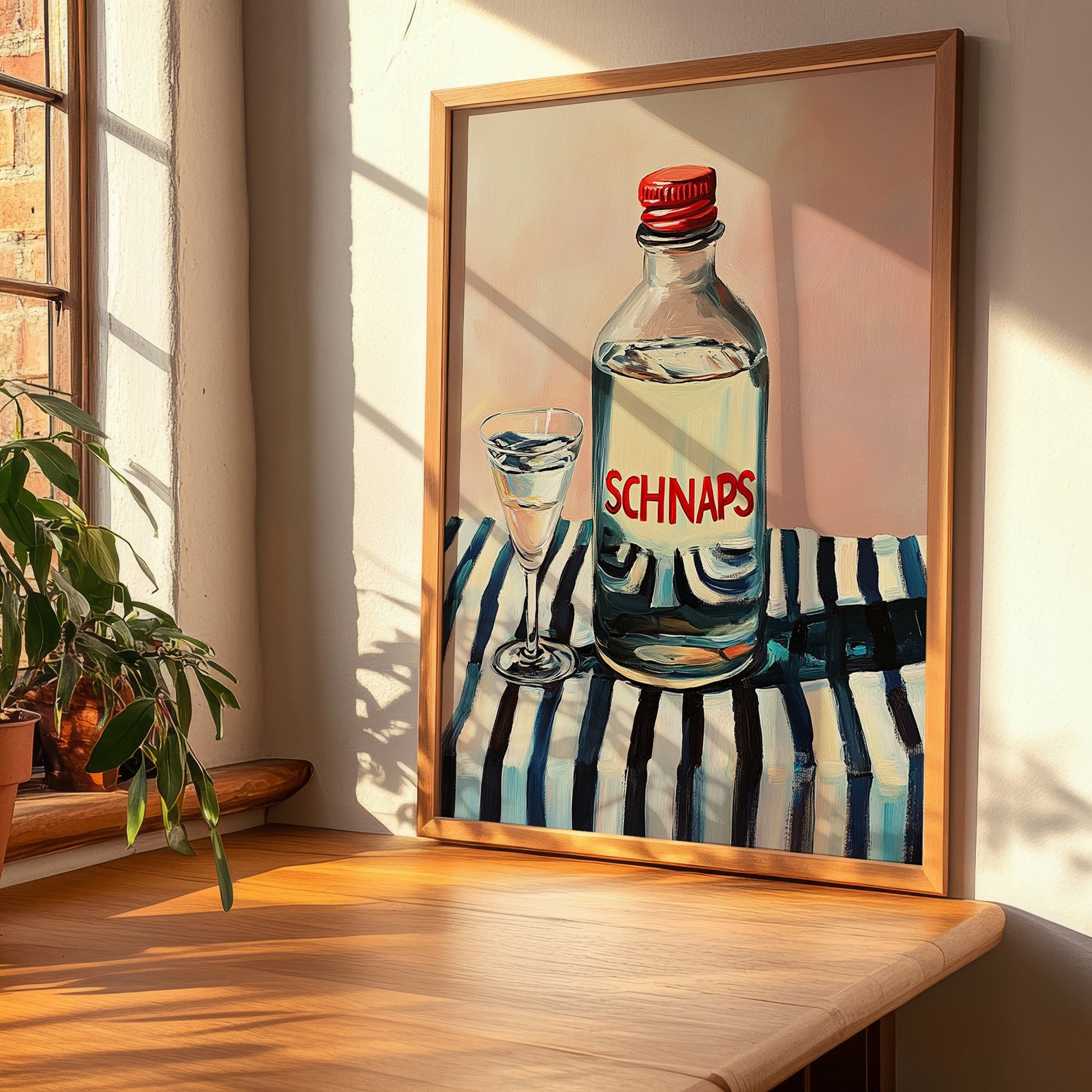 Schnaps – on Striped Tablecloth, Austrian Beer Still Life, clean layout with no caption