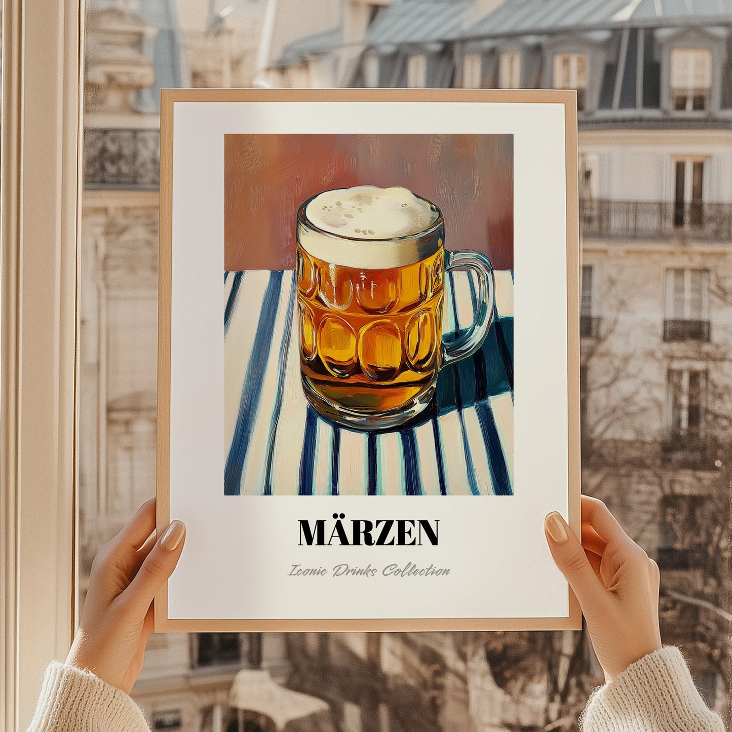 Märzen – on Striped Tablecloth, Austrian Beer Wall Decor, styled in a charming Paris street view