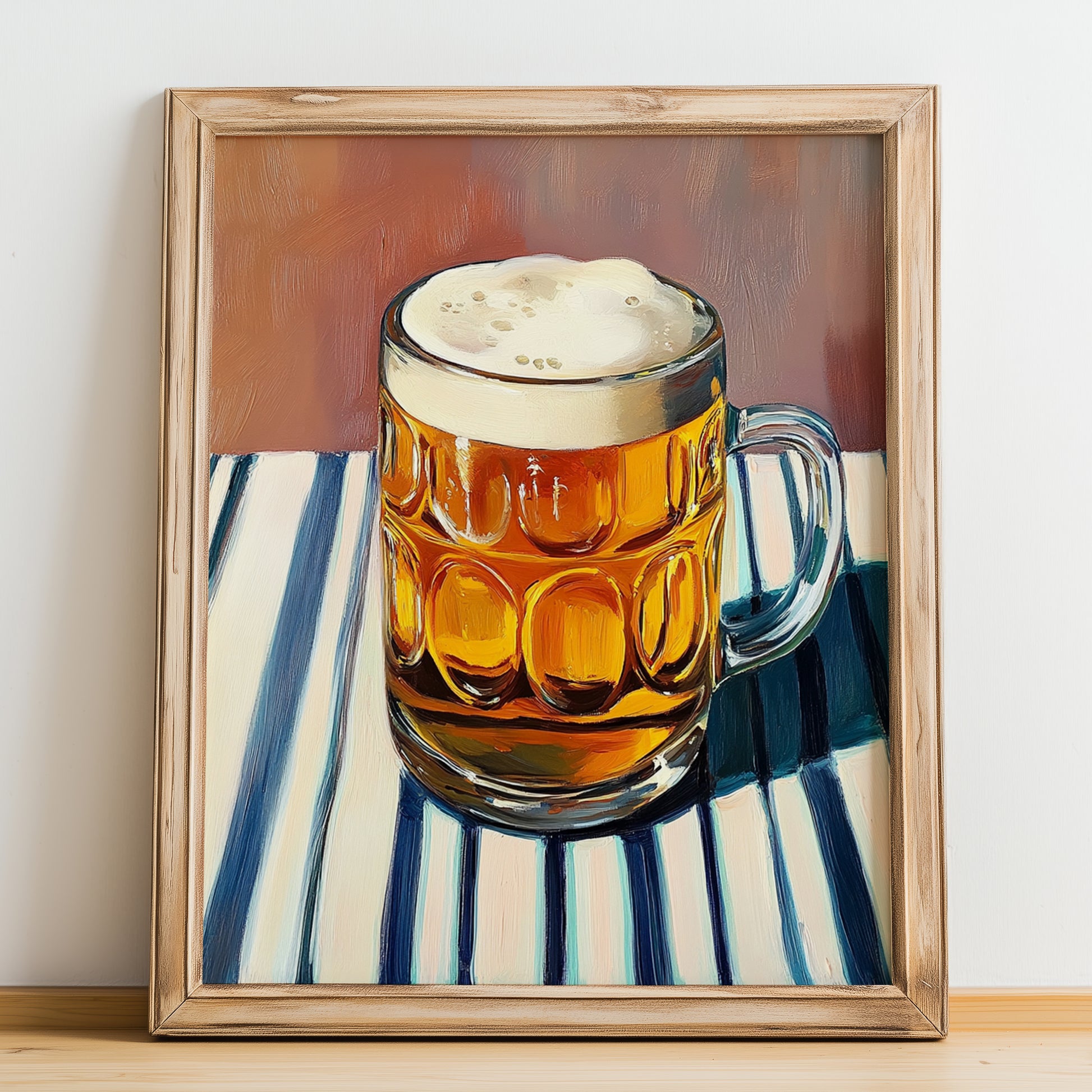 Märzen – on Striped Tablecloth, Austrian Beer Wall Decor, no-text version framed in wood