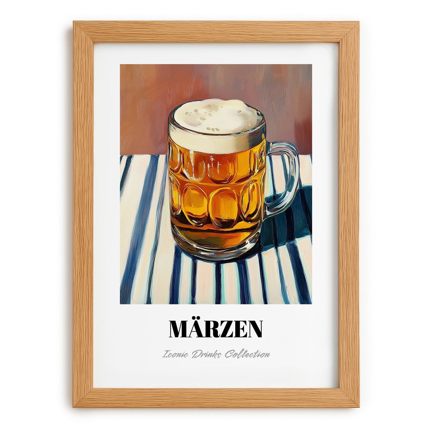 Märzen – on Striped Tablecloth, Austrian Beer Wall Decor, set in oak frame