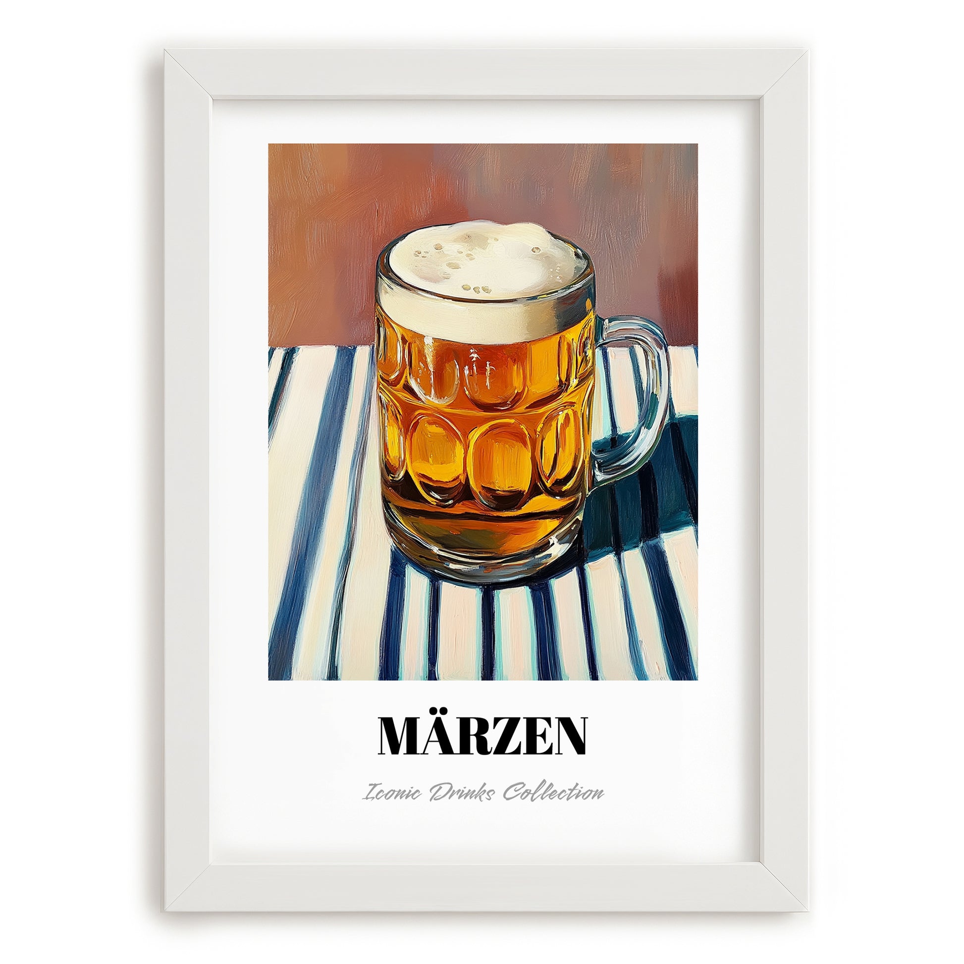 Märzen – on Striped Tablecloth, Austrian Beer Wall Decor, placed in minimal white frame