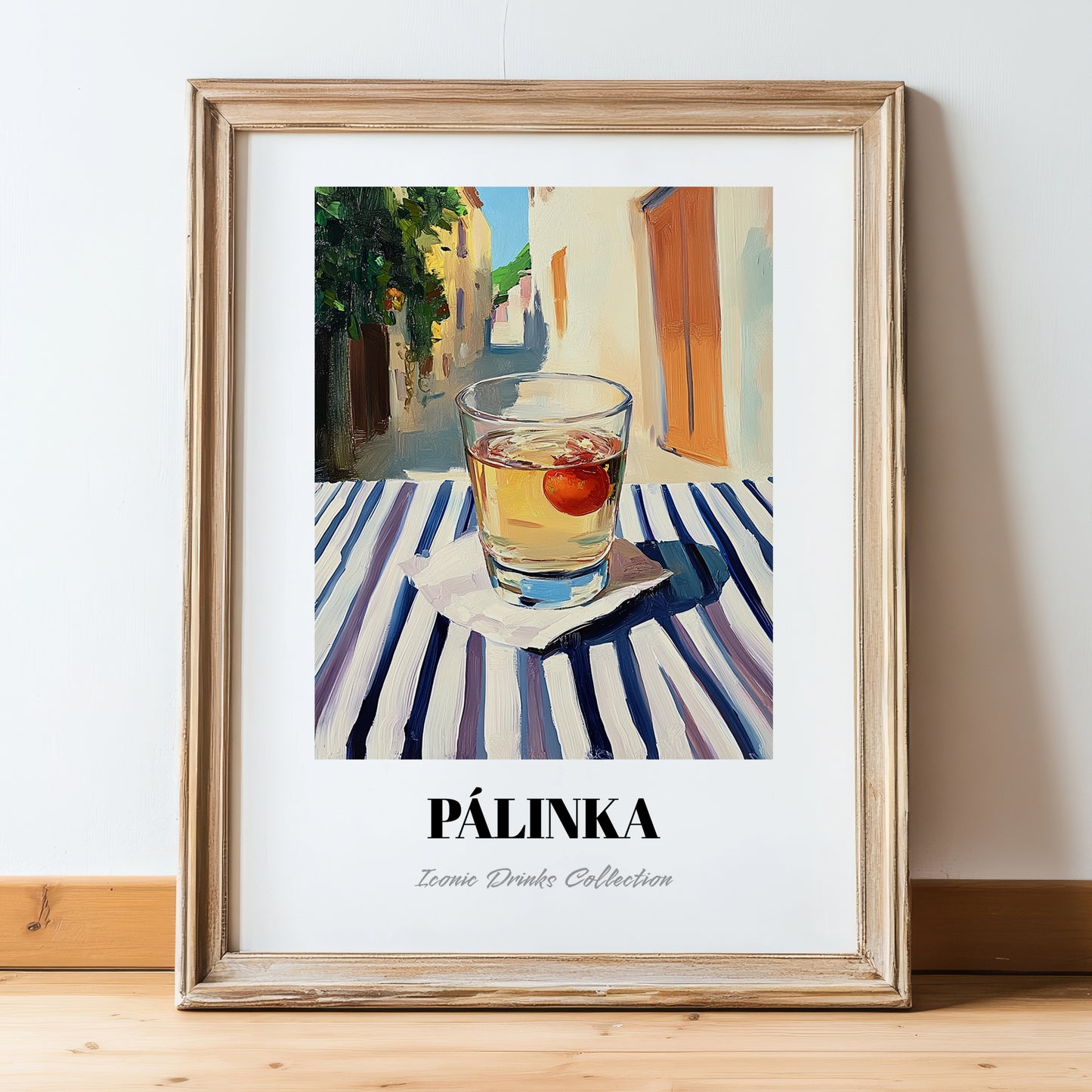Pálinka – Hungarian Outdoor Café Scene, Hungarian Spirit Illustration, in wooden frame leaning on the floor
