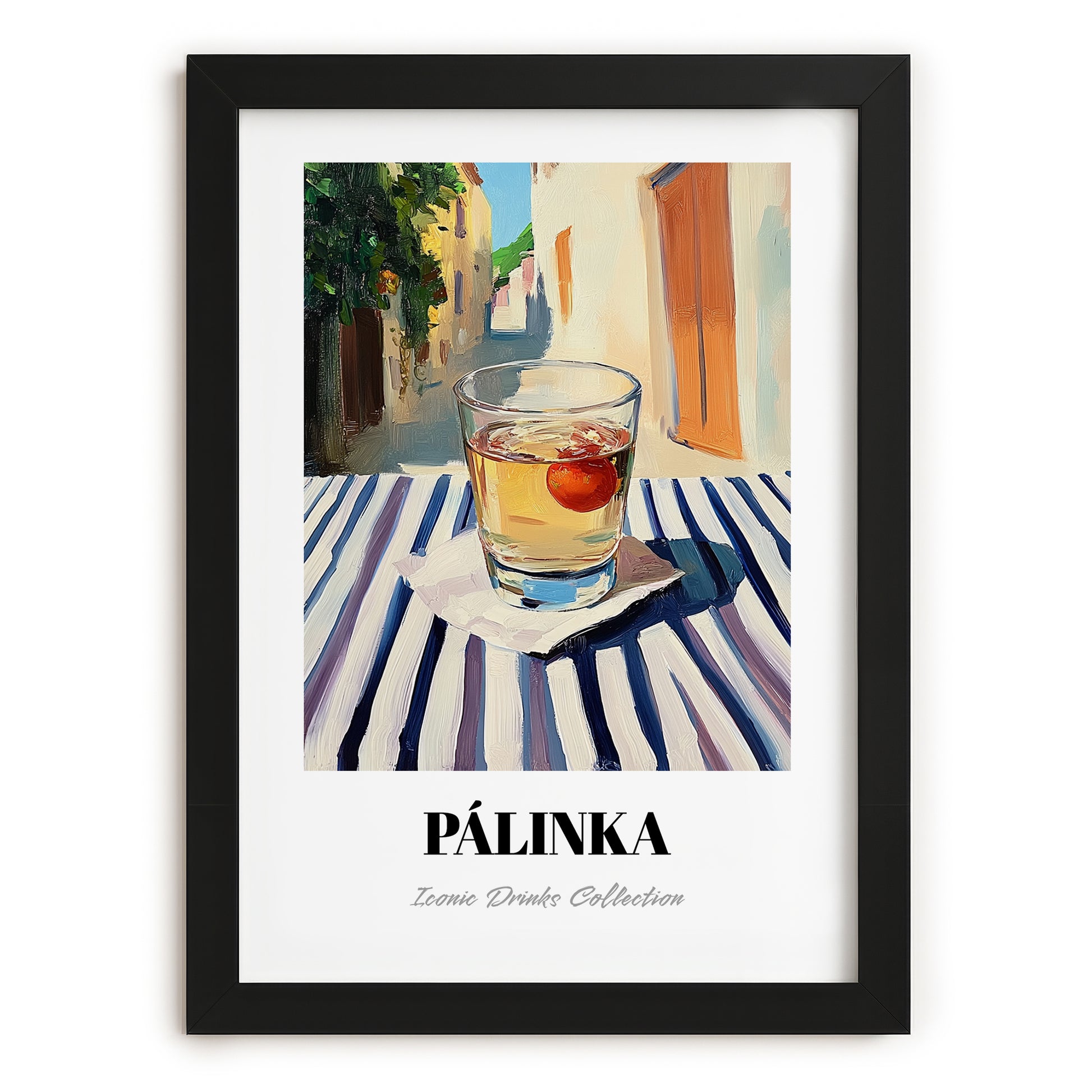 Pálinka – Hungarian Outdoor Café Scene, Hungarian Spirit Illustration, in sleek black frame