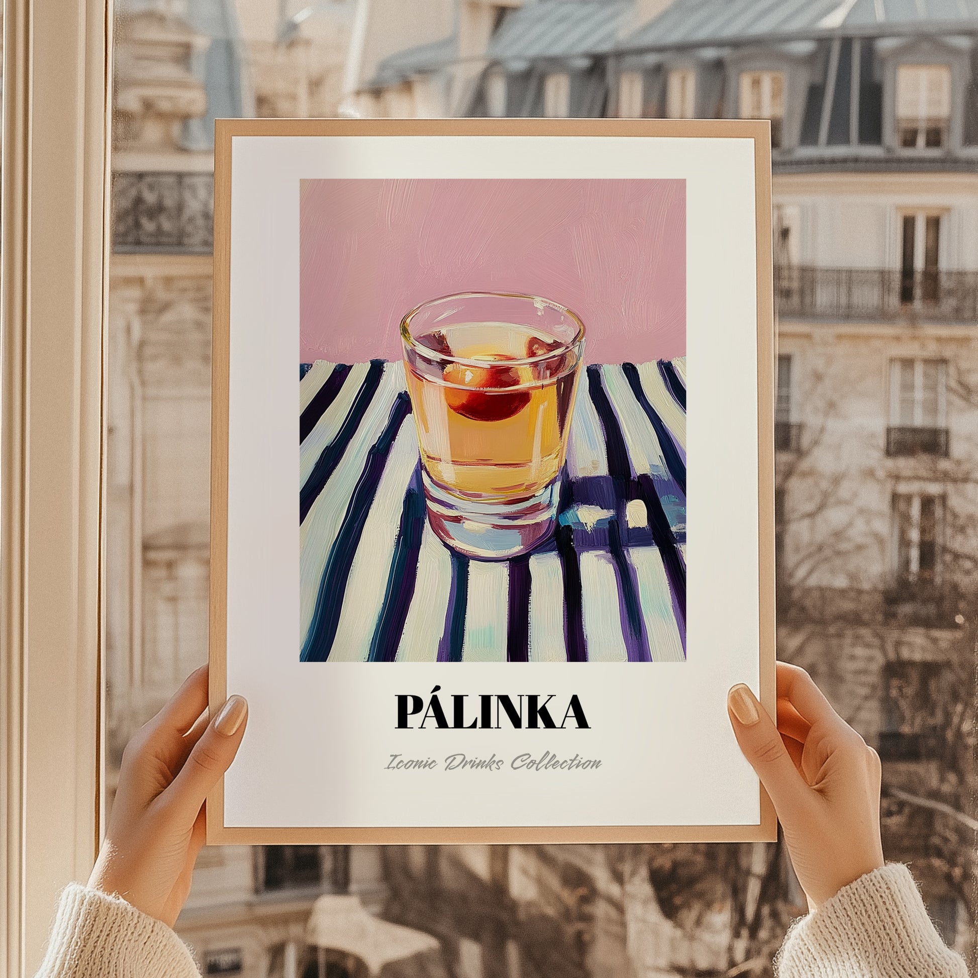 Pálinka – on Striped Tablecloth, Hungarian Wine Painting, styled in a charming Paris street view