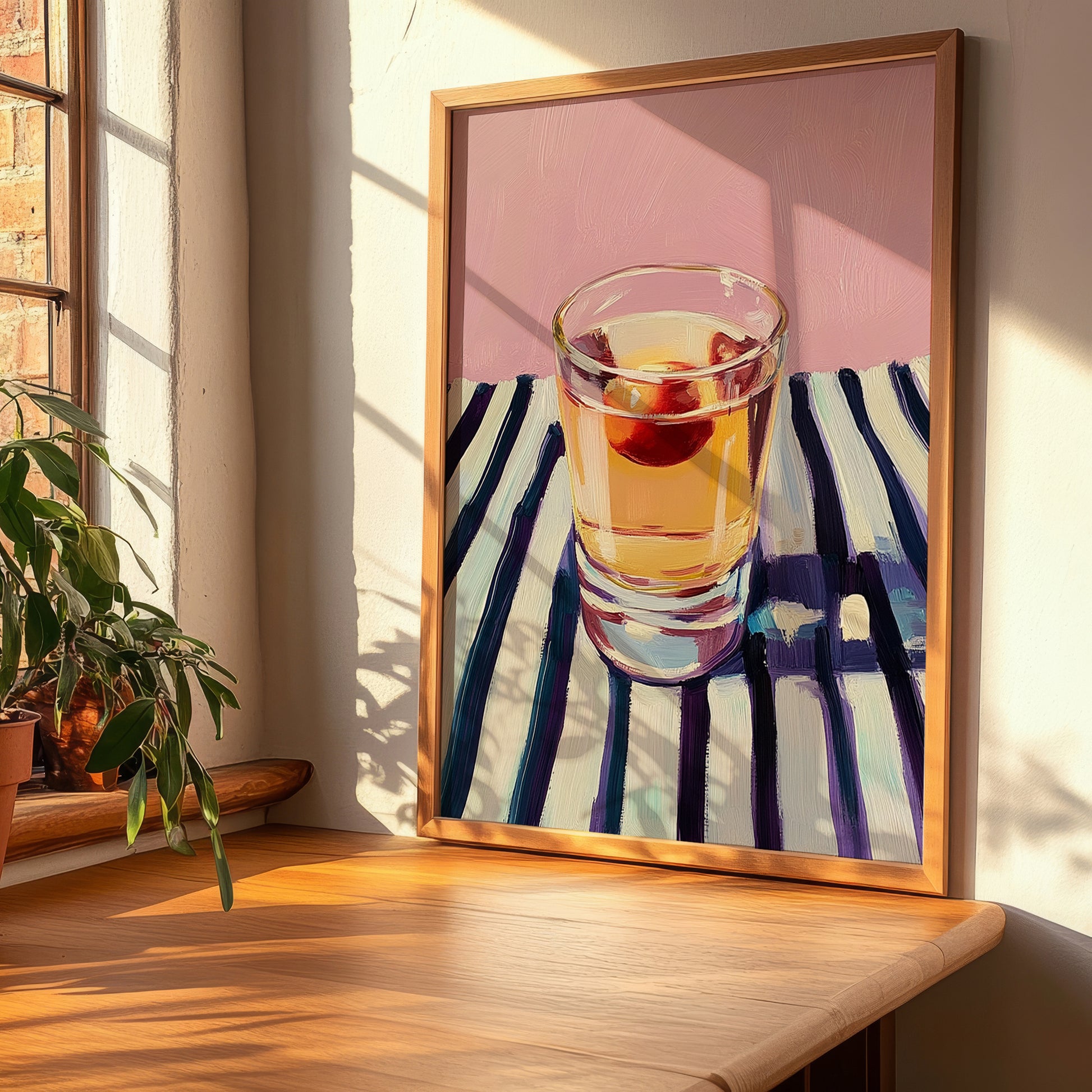 Pálinka – on Striped Tablecloth, Hungarian Wine Painting, clean layout with no caption