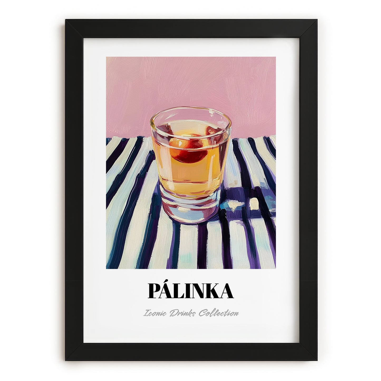 Pálinka – on Striped Tablecloth, Hungarian Wine Painting, in sleek black frame