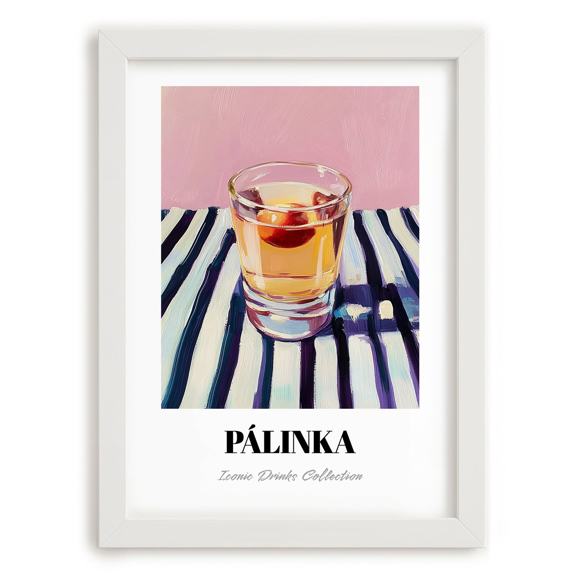 Pálinka – on Striped Tablecloth, Hungarian Wine Painting, placed in minimal white frame