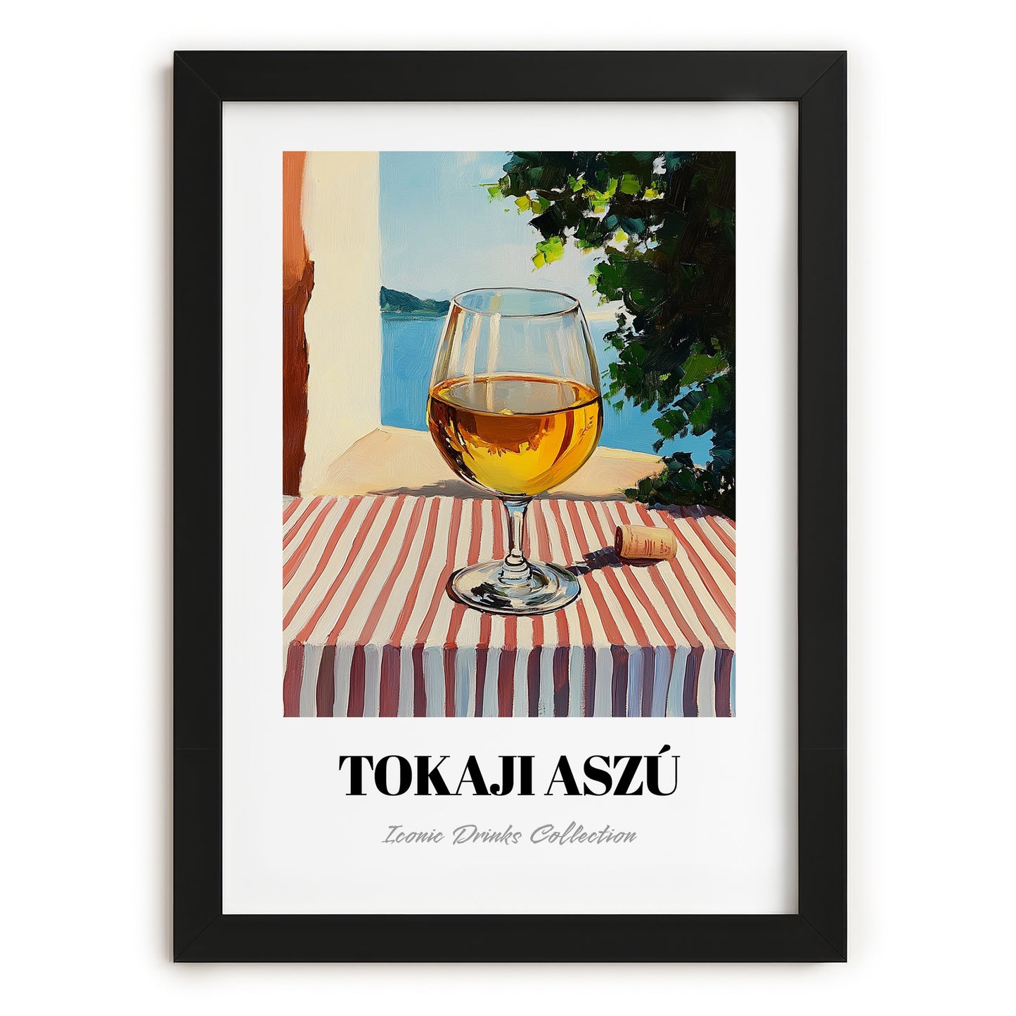 Tokaji Aszú – Hungarian Street Café Scene, Hungarian Wine Wall Decor, in sleek black frame