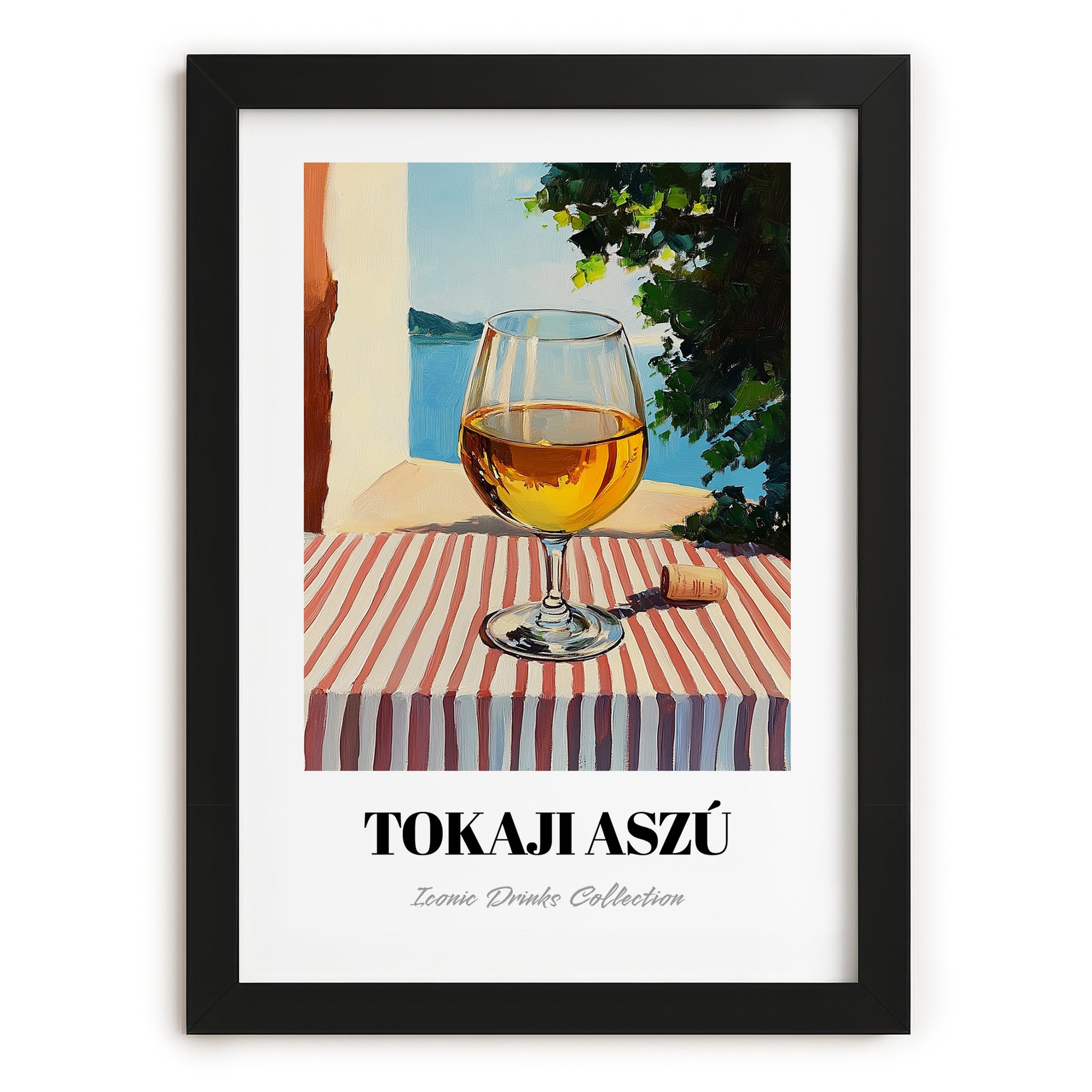 Tokaji Aszú – Hungarian Street Café Scene, Hungarian Wine Wall Decor, in sleek black frame