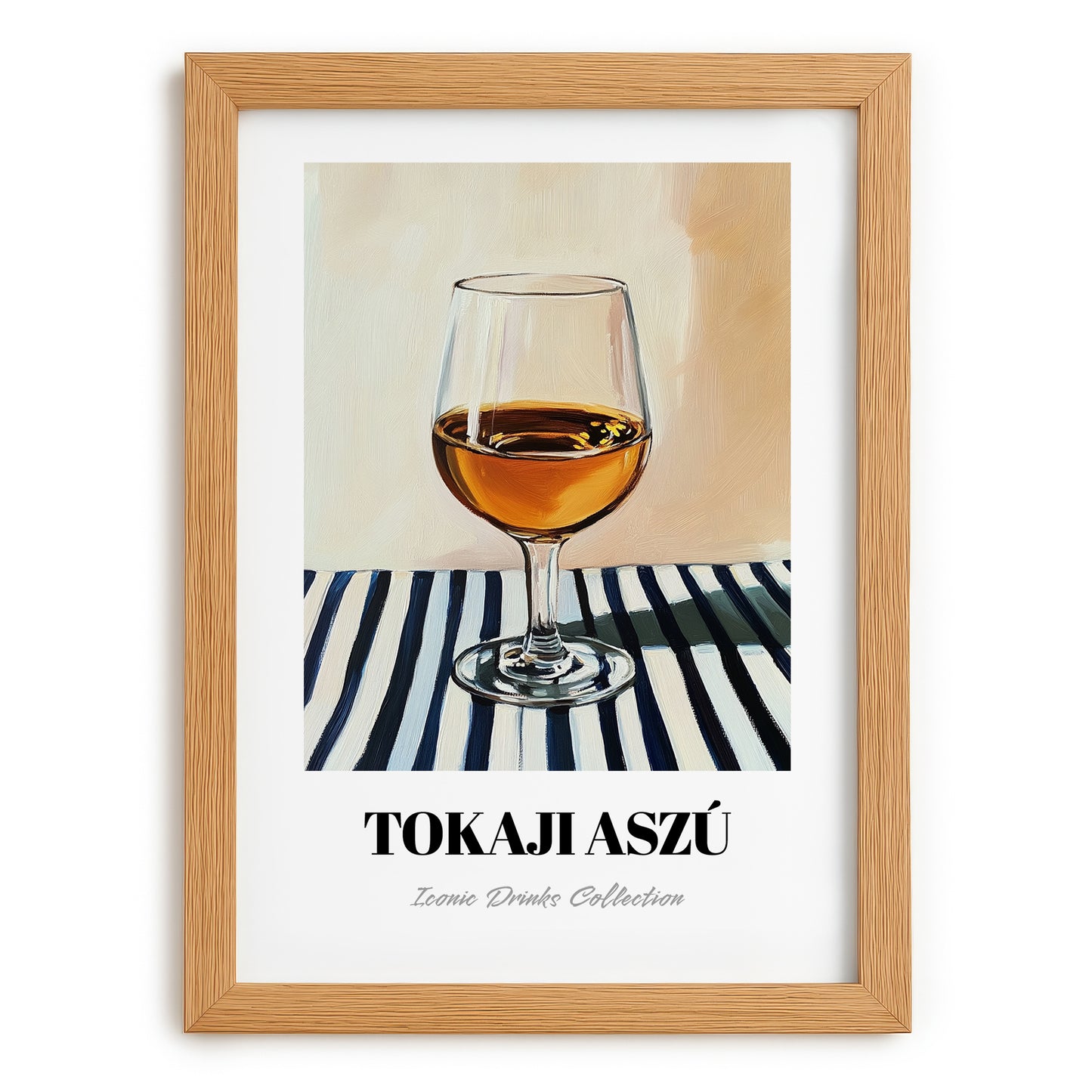 Tokaji Aszú – on Striped Tablecloth, Hungarian Spirit Illustration, set in oak frame