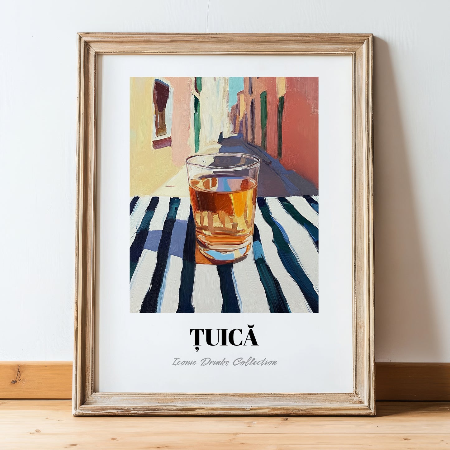 Țuică – Romanian Street Café Scene, Romanian Spirit Wall Decor, in wooden frame leaning on the floor