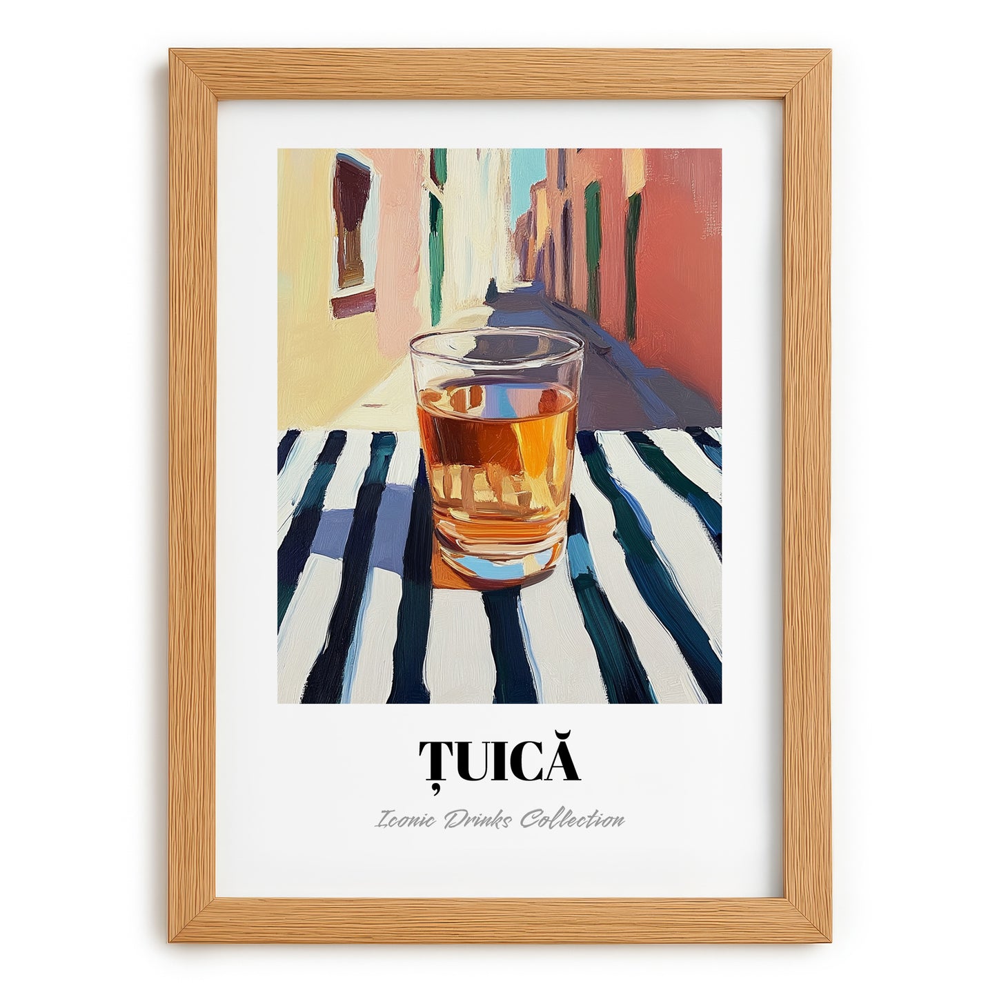 Țuică – Romanian Street Café Scene, Romanian Spirit Wall Decor, set in oak frame