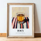 Țuică – on Striped Tablecloth, Romanian Beverage Poster, in wooden frame leaning on the floor
