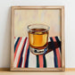 Țuică – on Striped Tablecloth, Romanian Beverage Poster, no-text version framed in wood