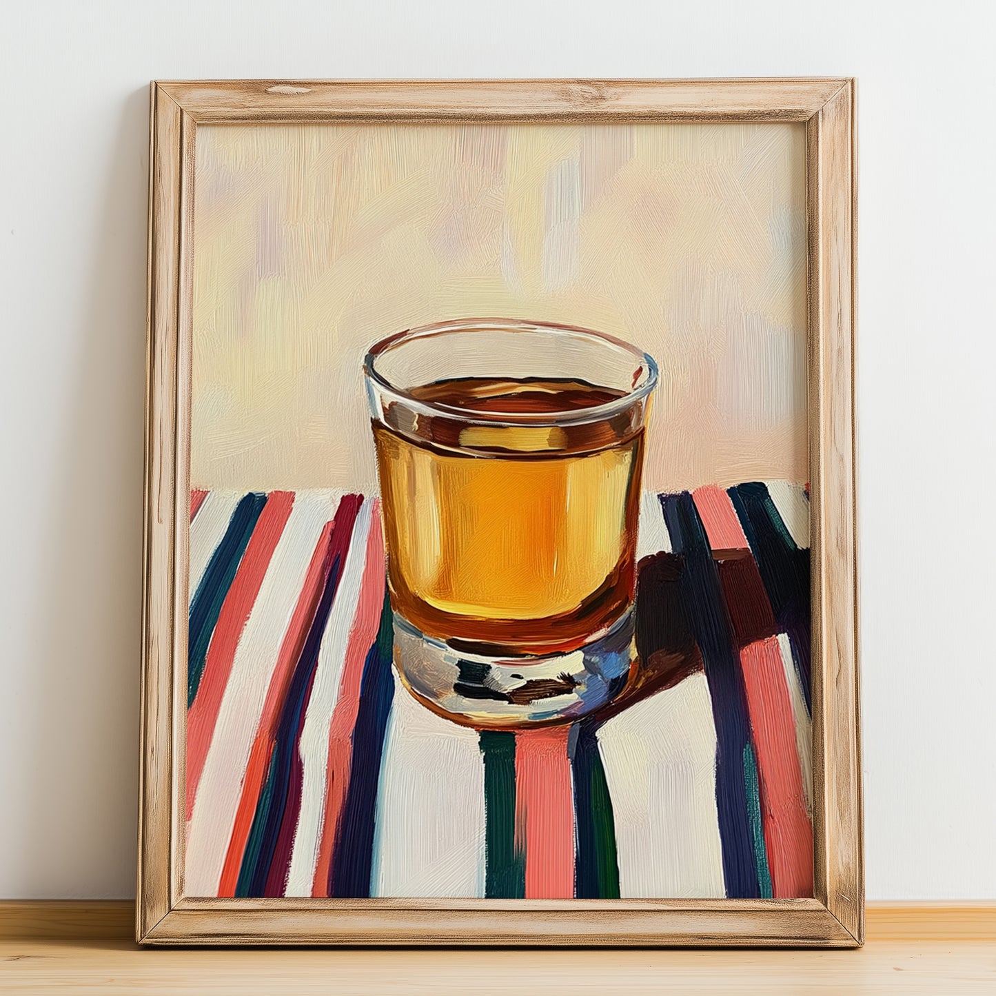Țuică – on Striped Tablecloth, Romanian Beverage Poster, no-text version framed in wood