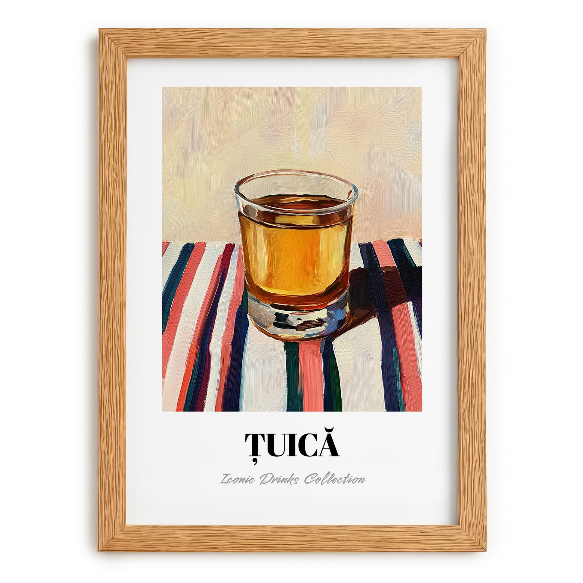 Țuică – on Striped Tablecloth, Romanian Beverage Poster, set in oak frame
