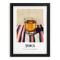 Țuică – on Striped Tablecloth, Romanian Beverage Poster, in sleek black frame