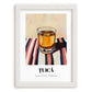 Țuică – on Striped Tablecloth, Romanian Beverage Poster, placed in minimal white frame
