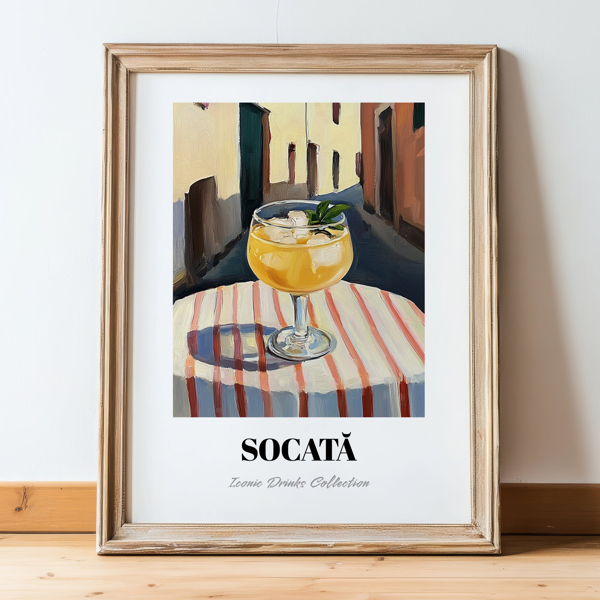 Socată – Romanian Street Café Scene, Romanian Beverage Print, in wooden frame leaning on the floor