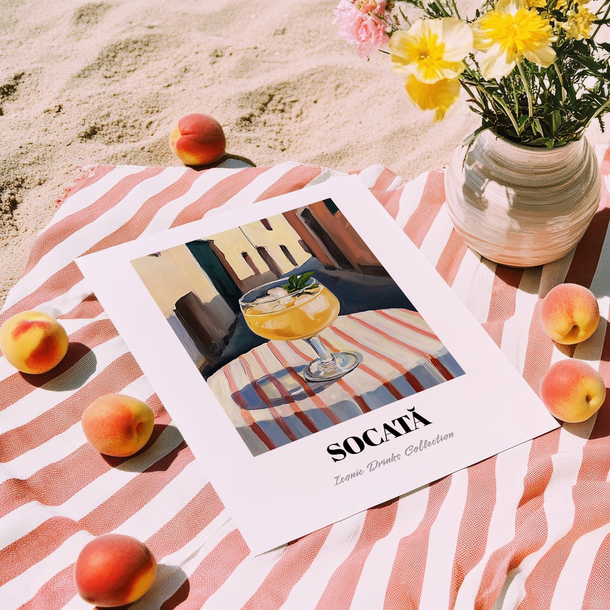 Socată – Romanian Street Café Scene, Romanian Beverage Print, unframed on coastal sand