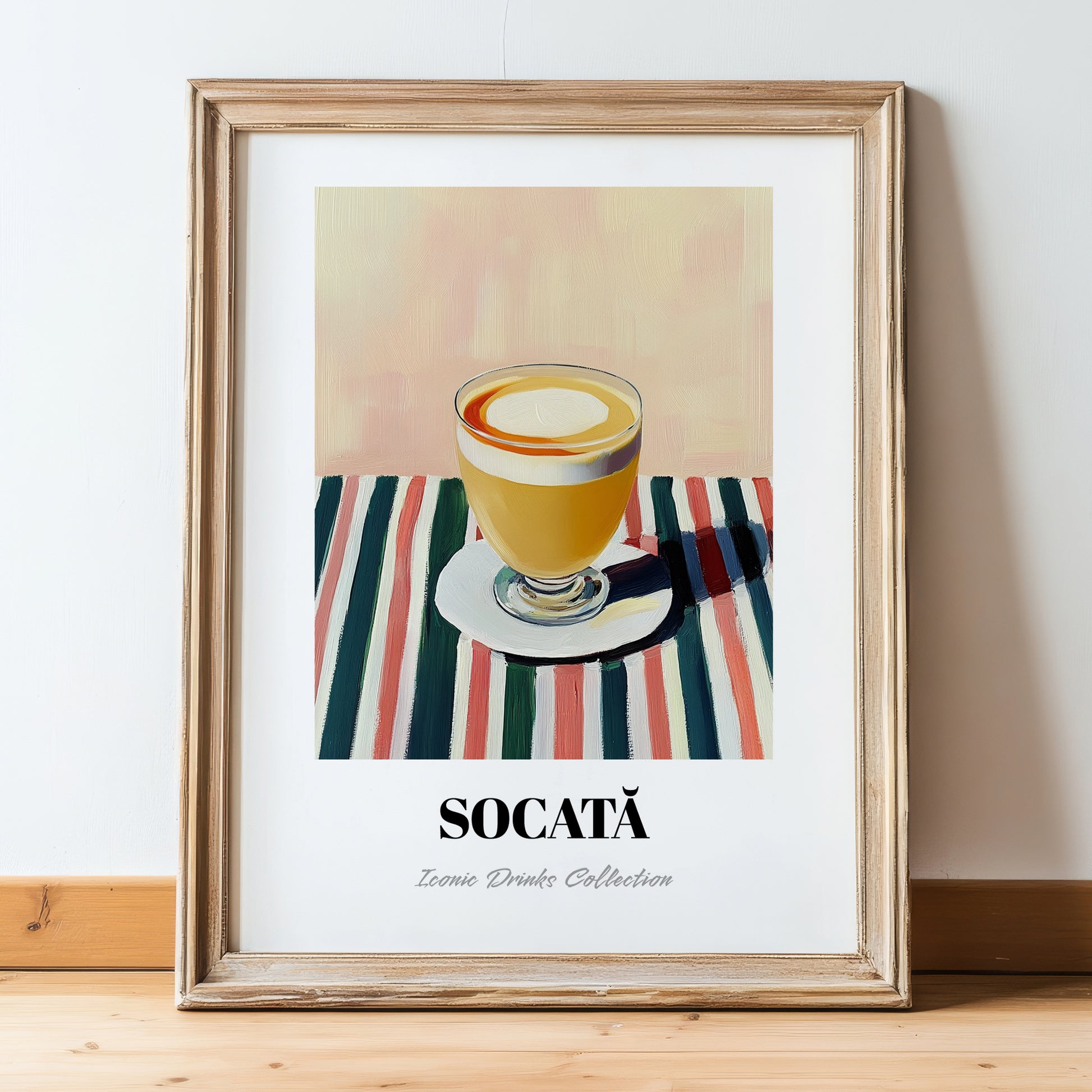 Socată – on Striped Tablecloth, Romanian Spirit Still Life, in wooden frame leaning on the floor