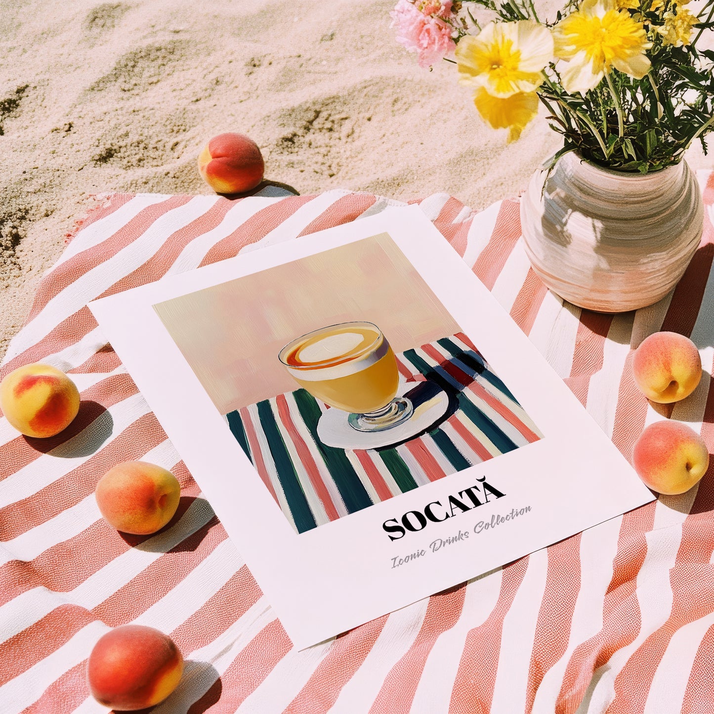 Socată – on Striped Tablecloth, Romanian Spirit Still Life, unframed on coastal sand