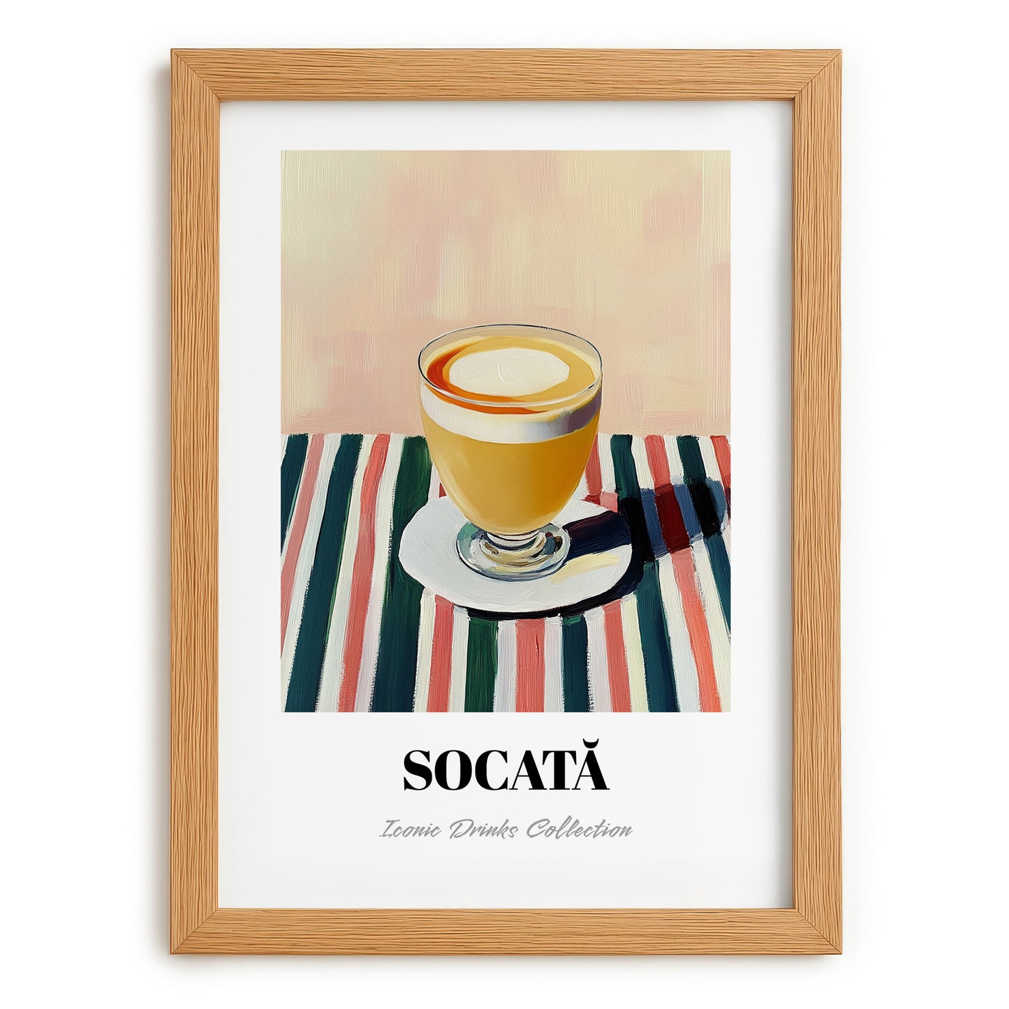 Socată – on Striped Tablecloth, Romanian Spirit Still Life, set in oak frame