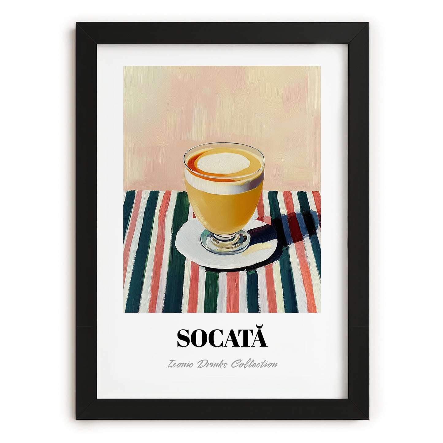 Socată – on Striped Tablecloth, Romanian Spirit Still Life, in sleek black frame