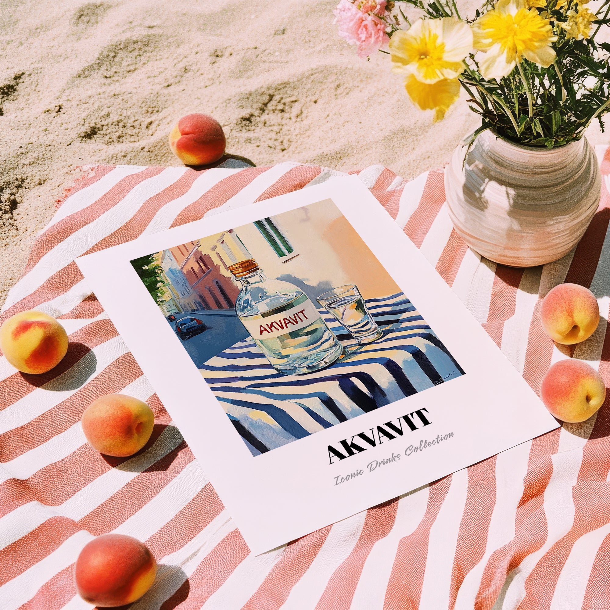 Akvavit – Danish Outdoor Café Scene, Danish Spirit Illustration, unframed on coastal sand