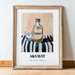 Akvavit – on Striped Tablecloth, Danish Spirit Wall Print, in wooden frame leaning on the floor
