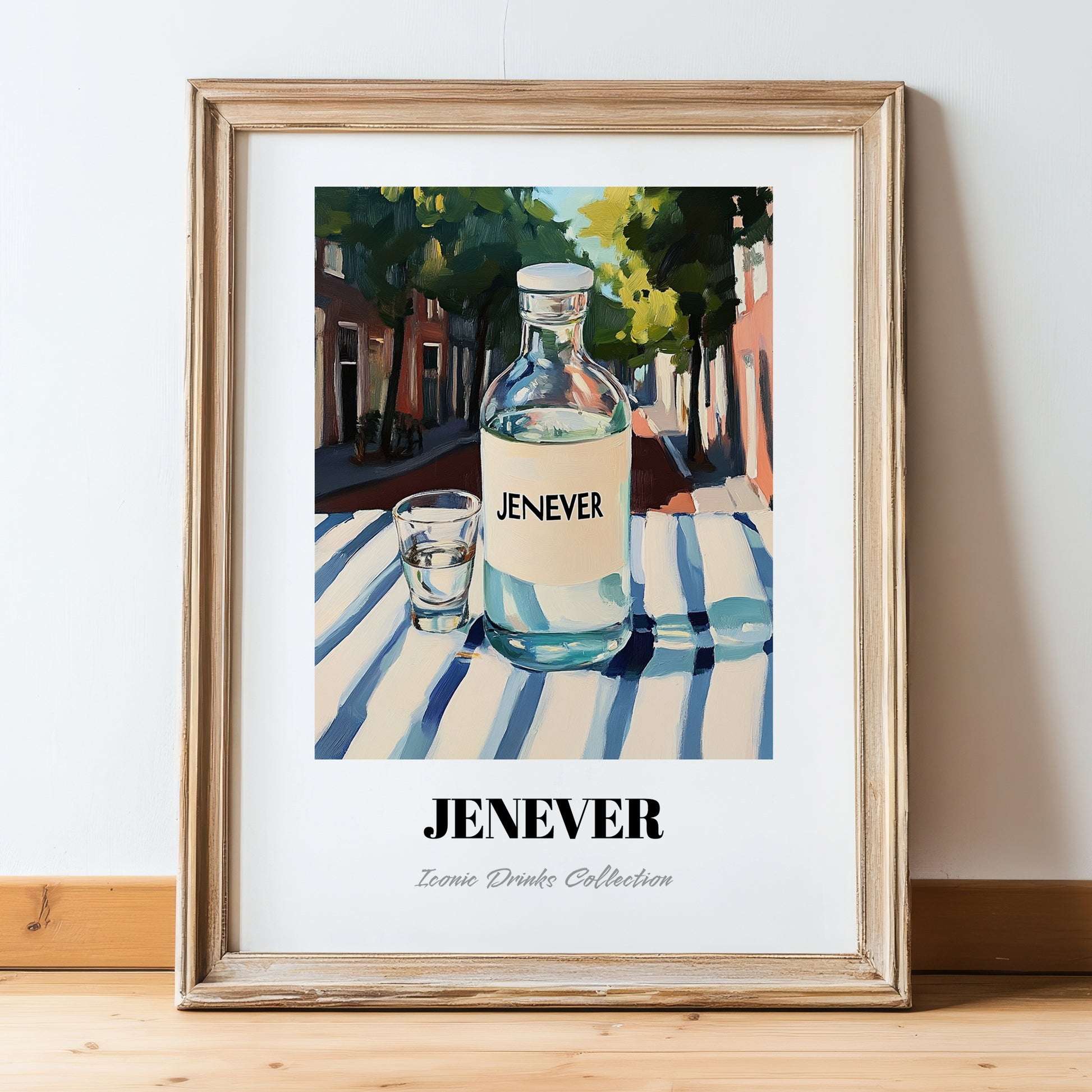 Jenever – Dutch Café on the Corner, Dutch Spirit Poster, in wooden frame leaning on the floor