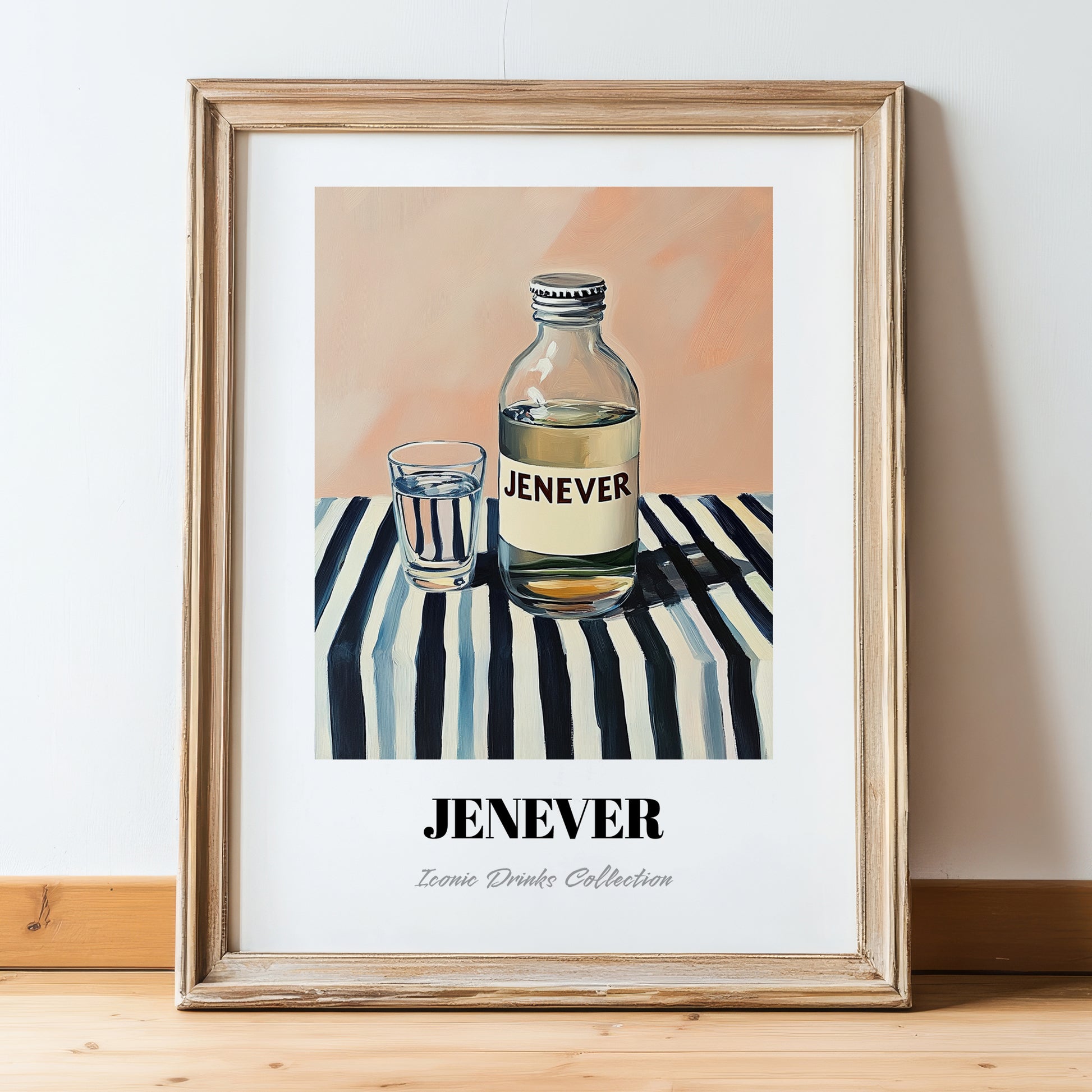 Jenever – on Striped Tablecloth, Dutch Beer Wall Decor, in wooden frame leaning on the floor