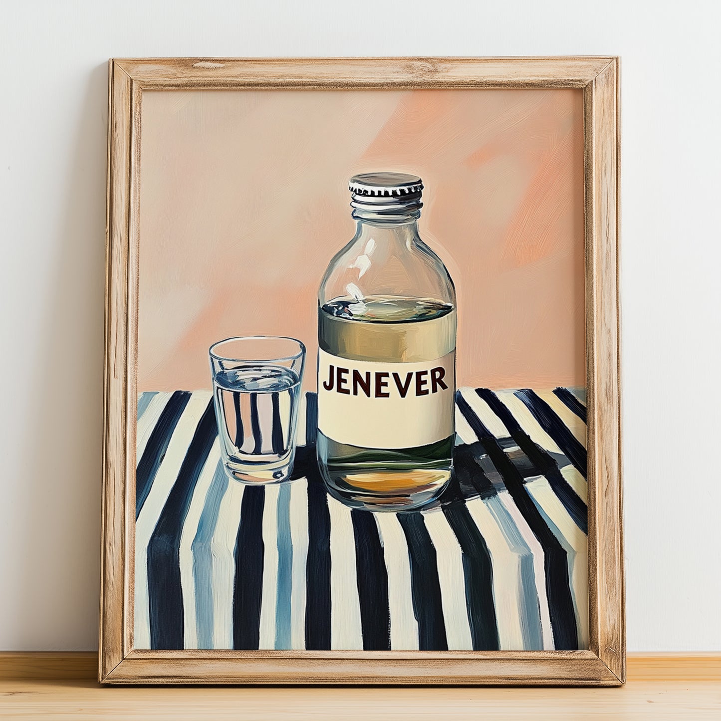 Jenever – on Striped Tablecloth, Dutch Beer Wall Decor, no-text version framed in wood