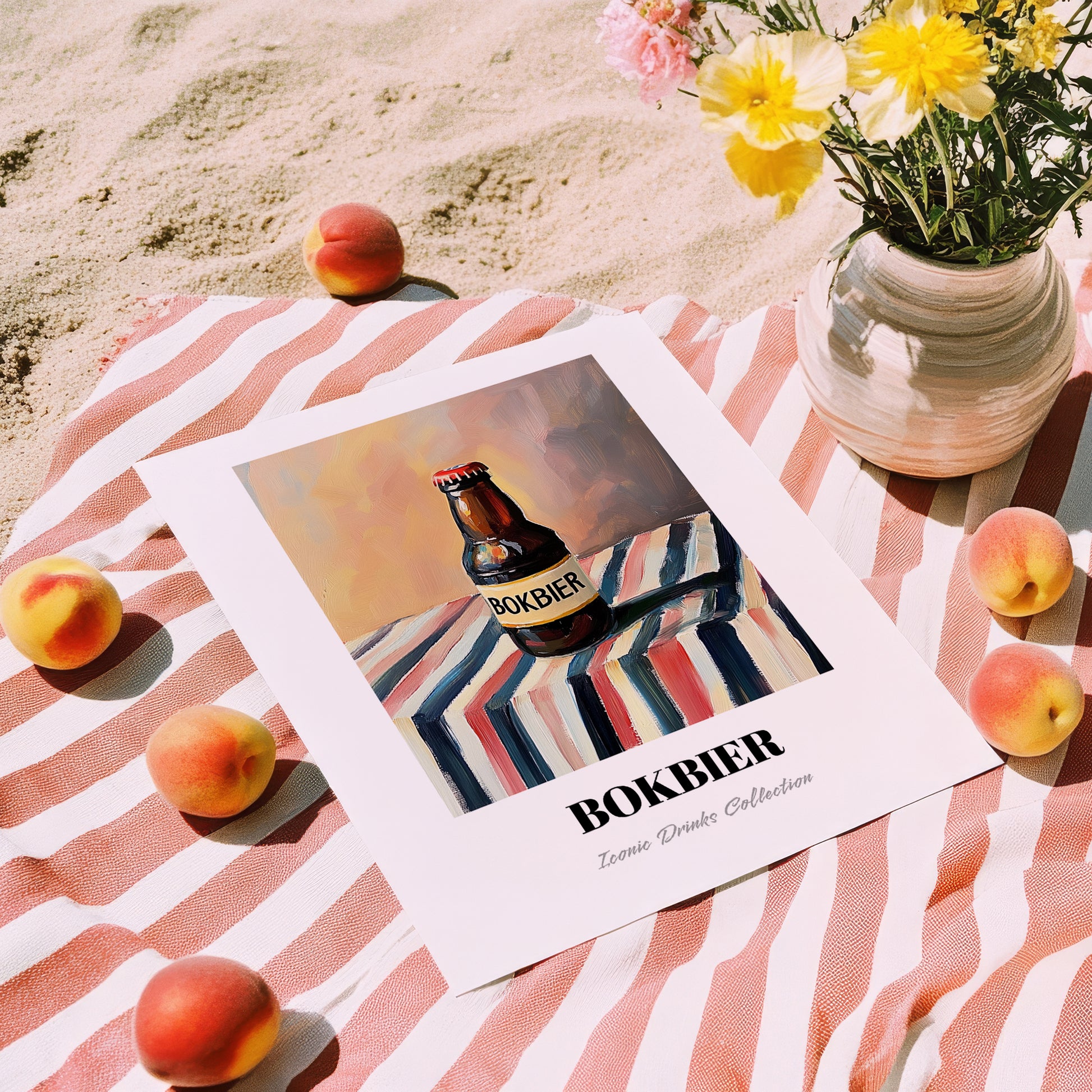 Bokbier – on Striped Tablecloth, Dutch Beer Painting, unframed on coastal sand