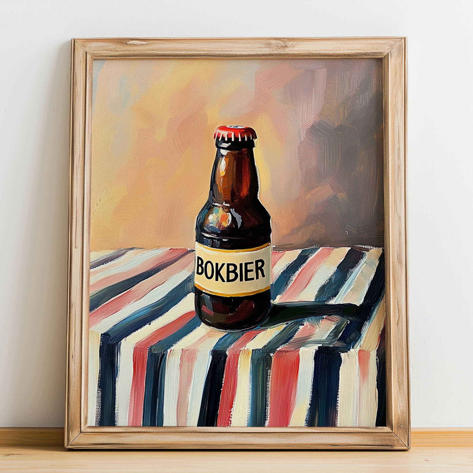 Bokbier – on Striped Tablecloth, Dutch Beer Painting, no-text version framed in wood