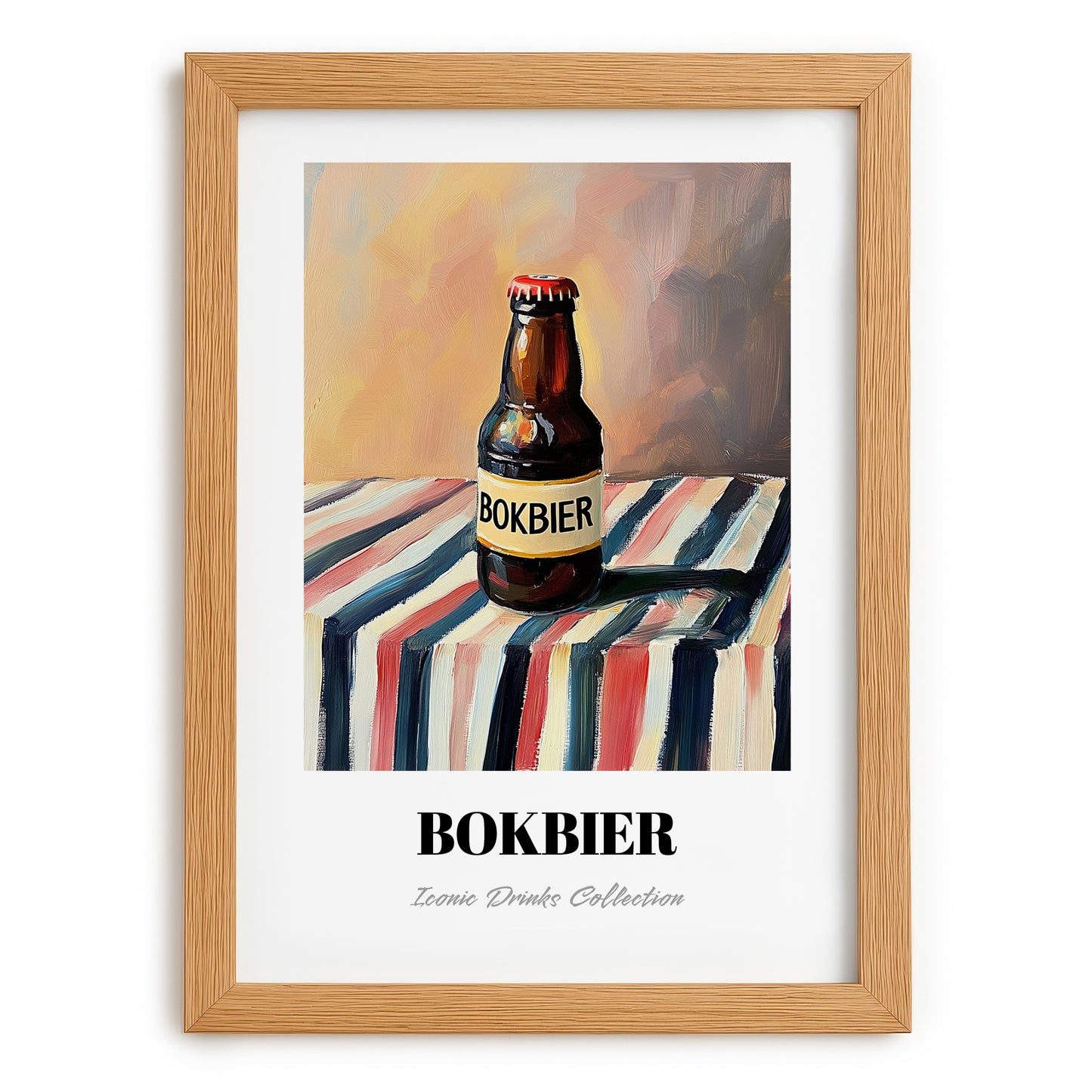 Bokbier – on Striped Tablecloth, Dutch Beer Painting, set in oak frame