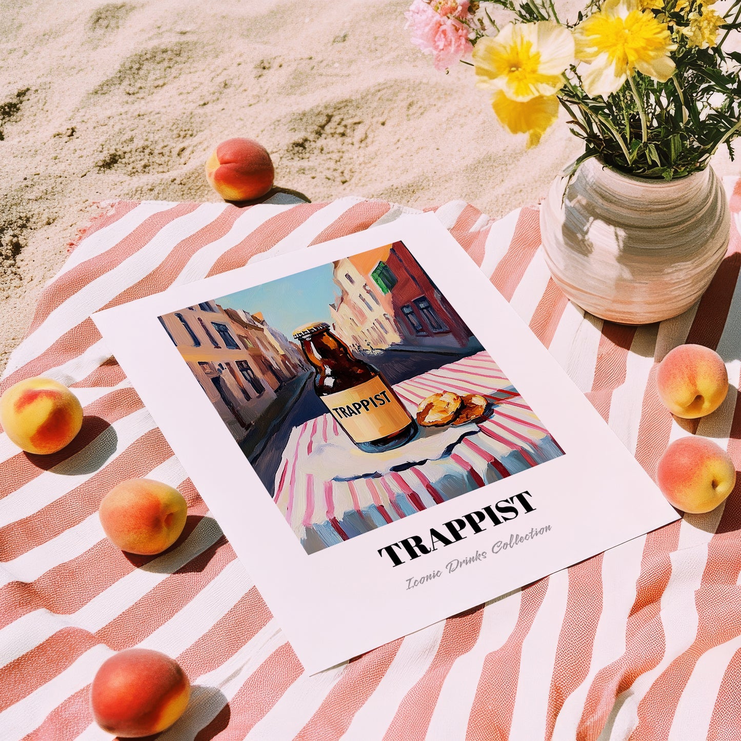 Trappist – Belgian Street Café Scene, Belgian Beer Poster, unframed on coastal sand