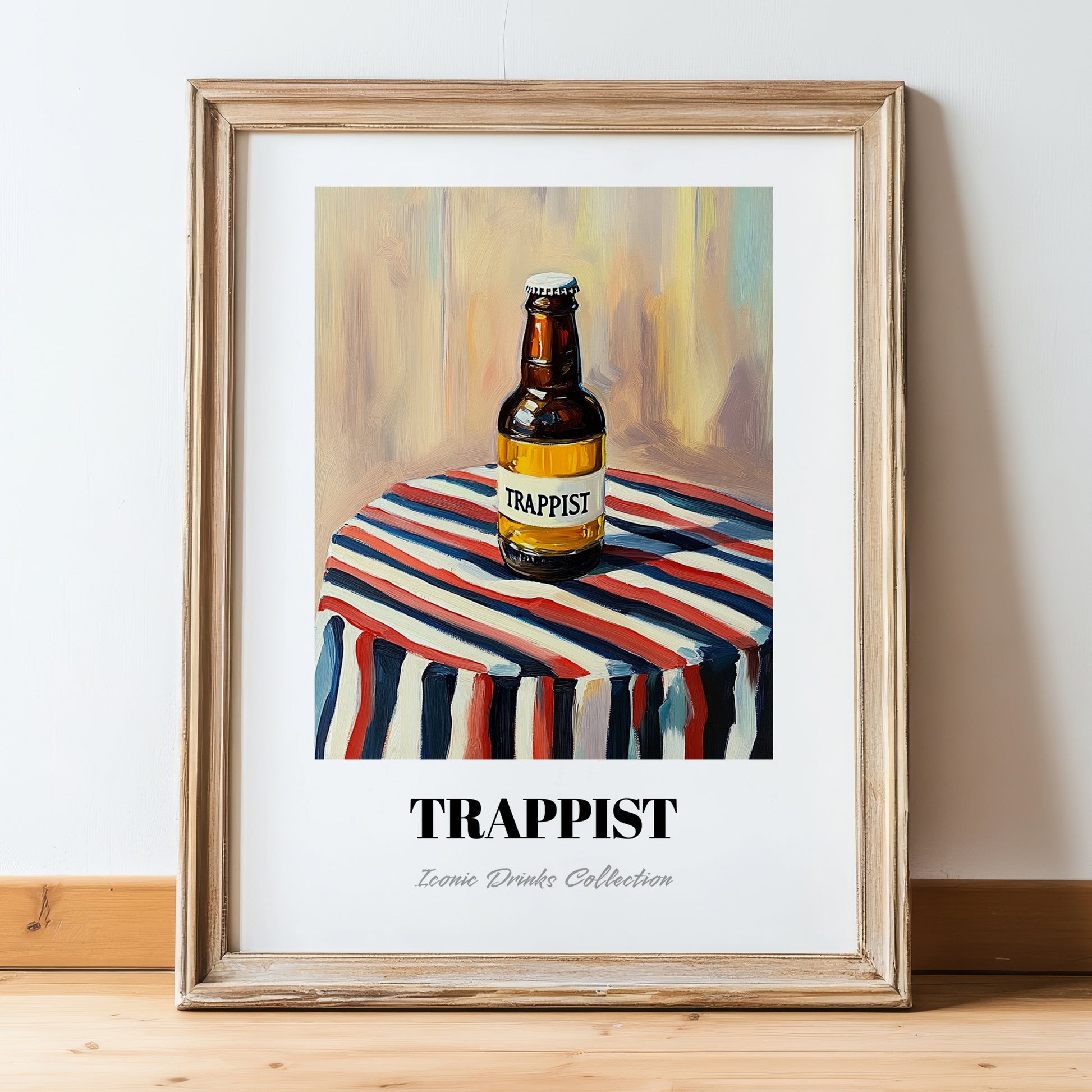 Trappist – on Striped Tablecloth, Belgian Beer Still Life, in wooden frame leaning on the floor