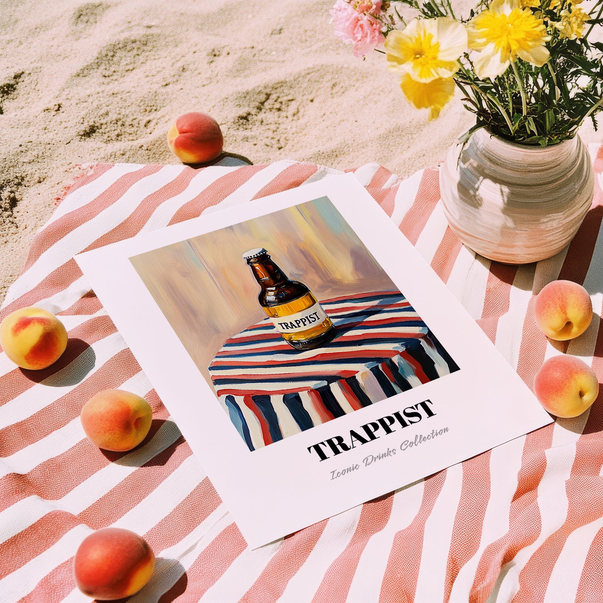Trappist – on Striped Tablecloth, Belgian Beer Still Life, unframed on coastal sand